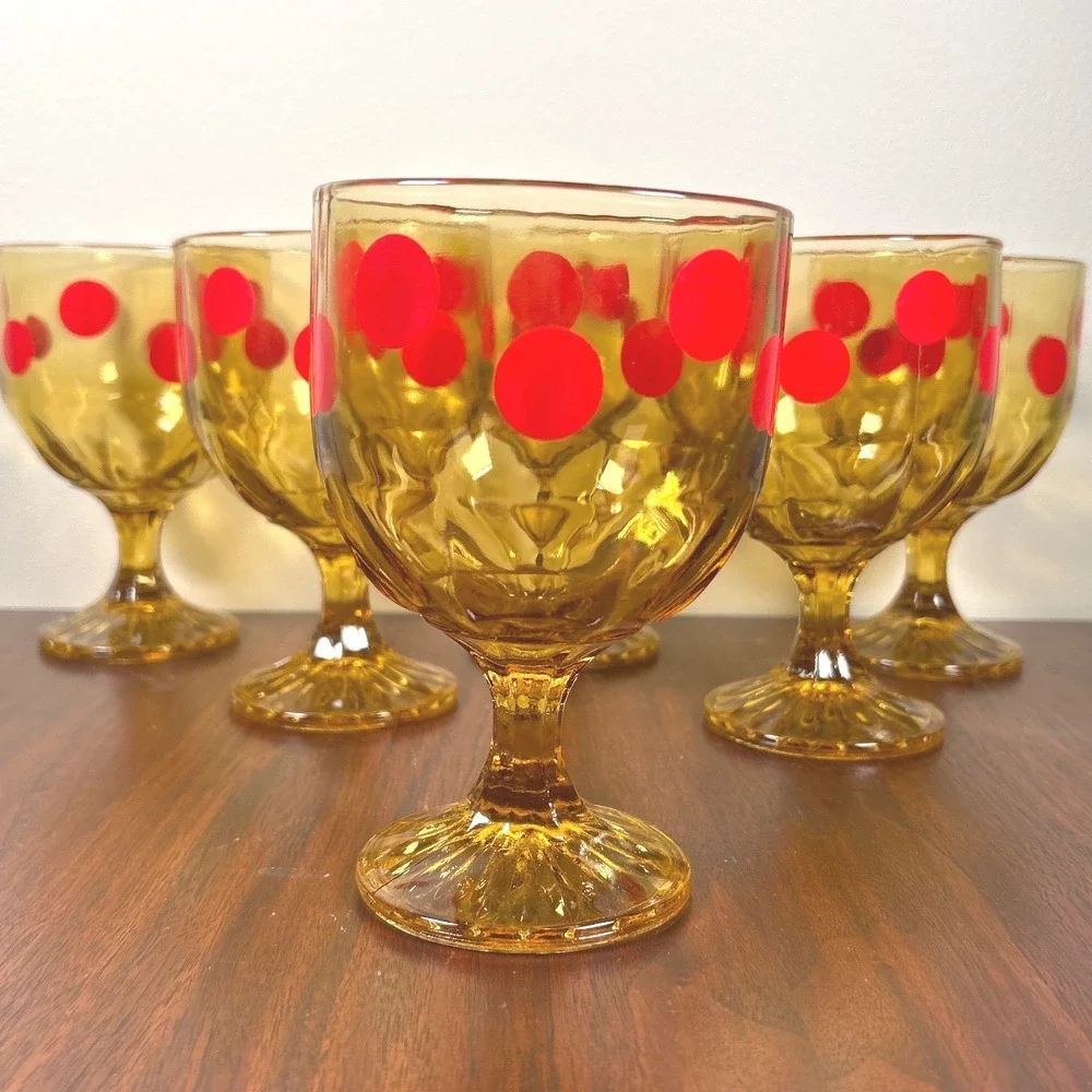 Anchor Hocking Amber Glass Red Polka Dot Goblets MCM Mid Century Barware SIX